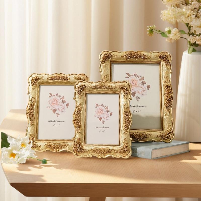 Antique Gold Carved Picture Frame With Ornate Florals Embossed For Wall Hanging Or Tabletop Decoration Photo Display