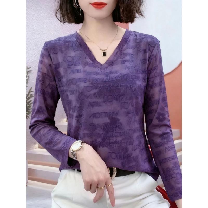 

Универсальный топ из фиолетовой сетки с принтом и V-образным вырезом, облегающий топ-майка L серый