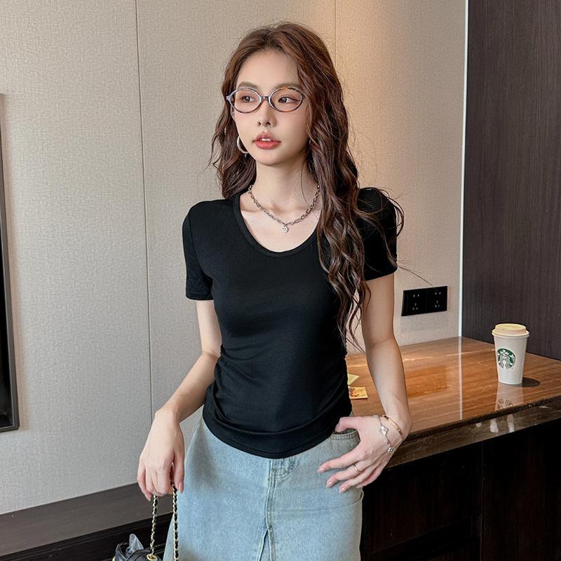 

New U-neck short-sleeved T-shirt women s bottoming short slim-fit top XL чёрный