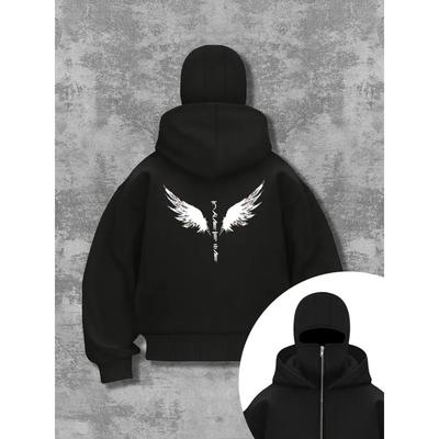 Nieuwe Aankomst Heren Donkere Stijl Dubbele Cap Sweatshirt, Unisex Print Zip-Up Hoodie, Trendy Streetwear Jas