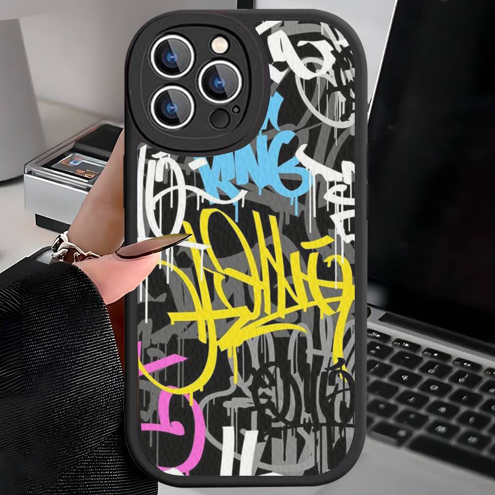 Coole Schwarze Graffiti Leder Handyhülle Für iPhone 16 15 14 17 Pro Max 11 12 Mini Plus Weiche Hülle