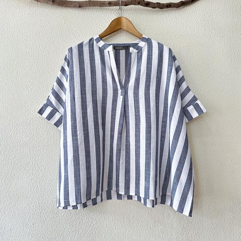 

ZANZEA Женская повседневная летняя блузка в полоску с V-образным вырезом и коротким рукавом XL