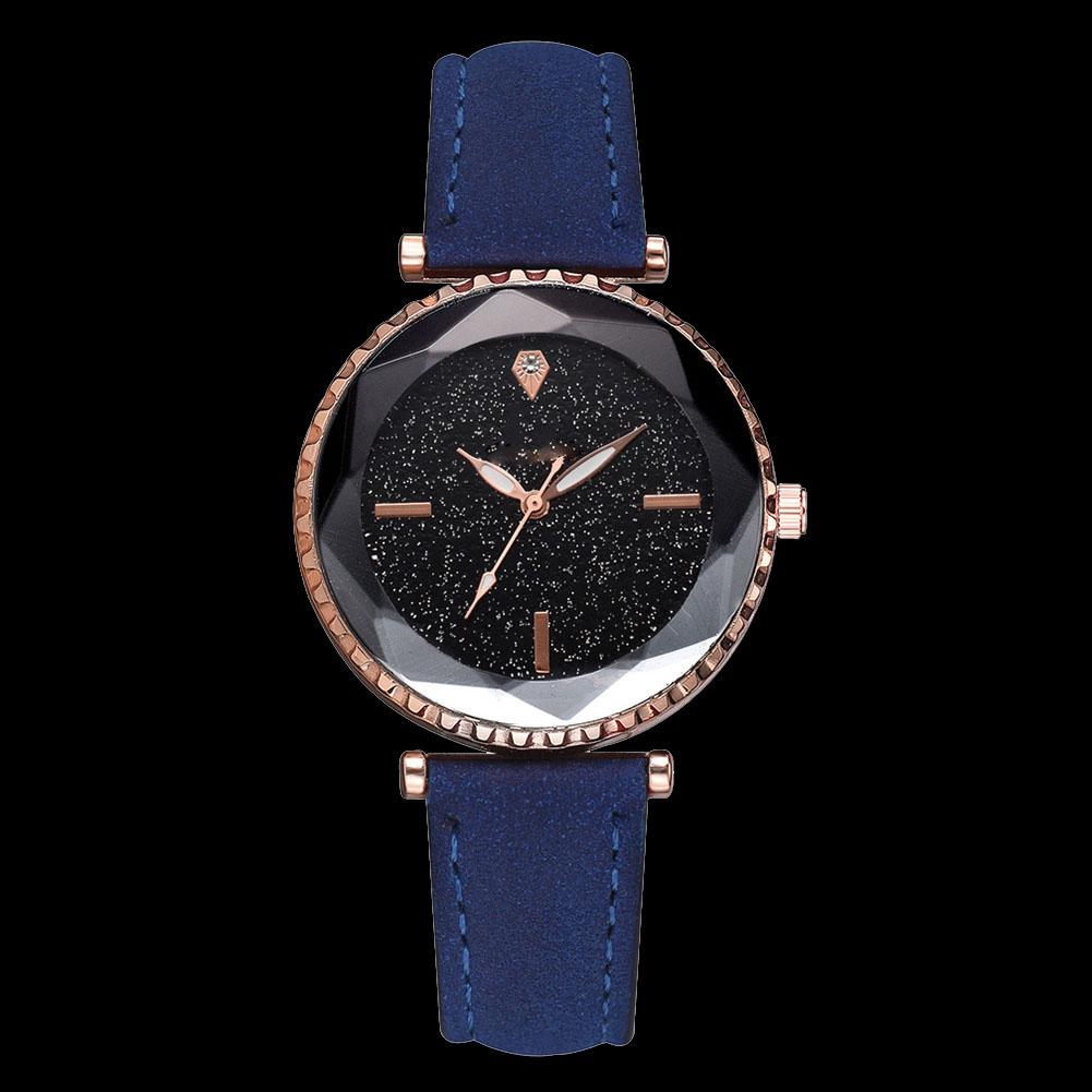 Women Night Stars Sky Cutting Dial PU Strap Watch Alloy Quartz Wristwatch (Blue)
