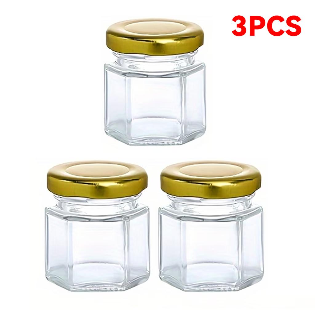 3pcs Mini Hexagonal Glass Jars with Gold Screw Lids Leak-proof Reusable Multi-purpose for Honey Jam Spice Storage