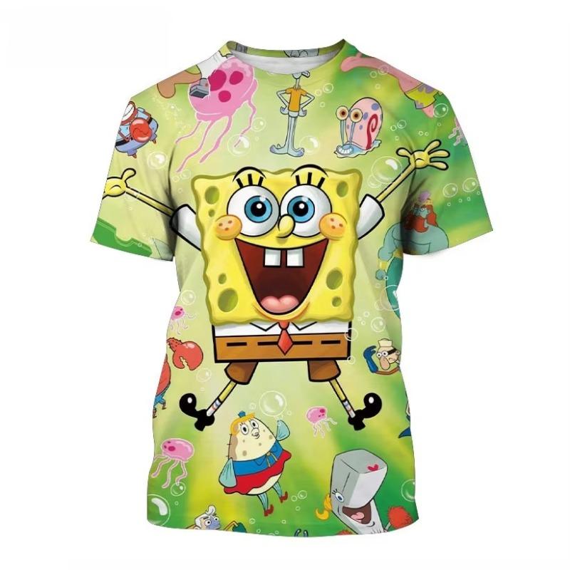 Camiseta Redonda Estampada de Bob Esponja Nueva de Verano para Exteriores Hip Hop Ocio Fitness Estilo Callejero