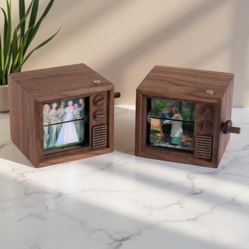Portable Wooden Hand Cranked Music Box Featuring 16 Photo Rotation and Glowing Light for Wedding Event