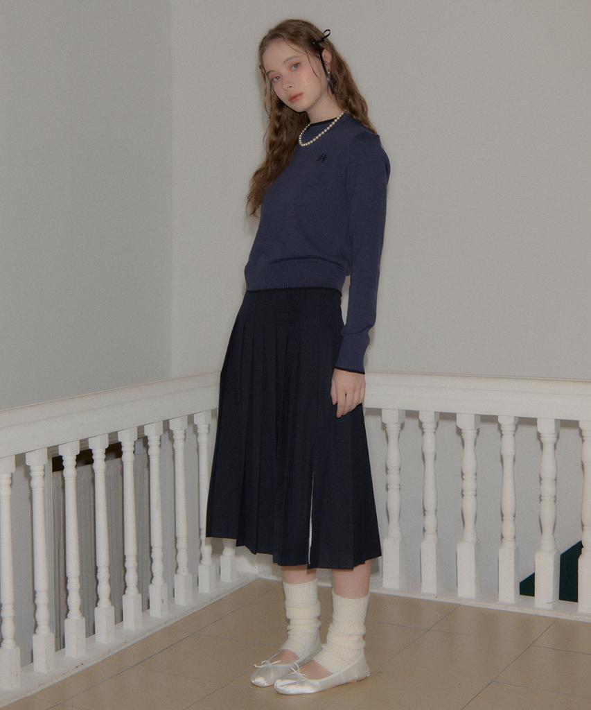 SALON DE YOHN Side Slit Pleated Midi Skirt_ Navy