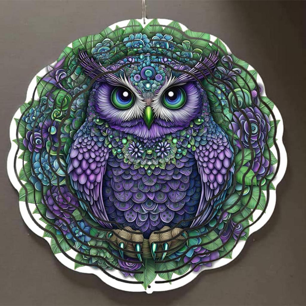 Vibrant 10-Inch Metal Wind Chime with Colorful Owl Design, 360° Rotating Hook - Battery-Free