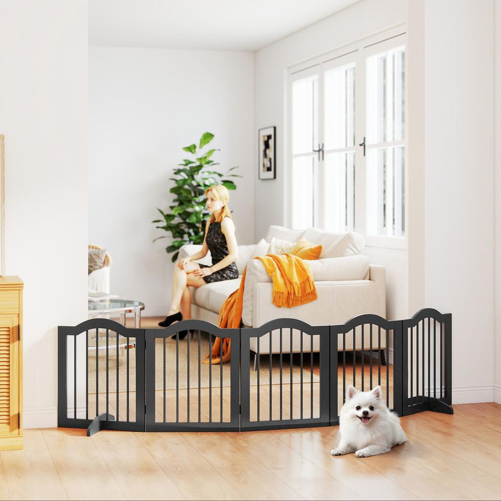 Dog Gate, Freestanding Barrier Gate with Feet, Foldable Dog Gate, 5 Panels, 261.5 x 29.5 x 61 cm, Black