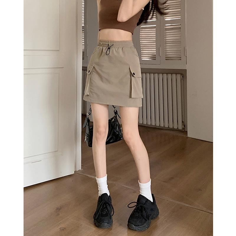 

Elastic waist drawstring tooling skirt women s summer new spicy cool high waist design sense niche A-word skirt 3XL хакі