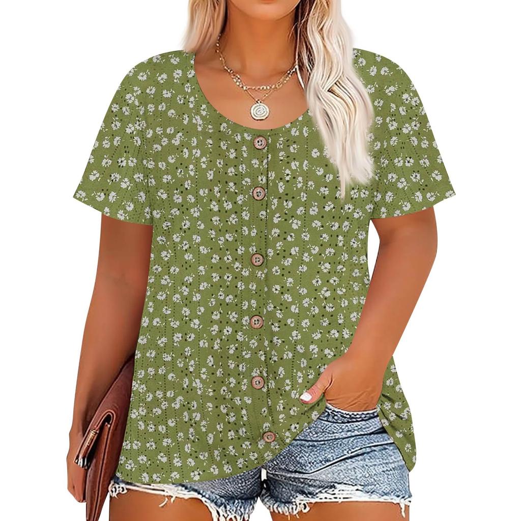 Plus Size Women's Fashion Casual Vintage Printed O-Neck Short Sleeve Button T-Shirt Top