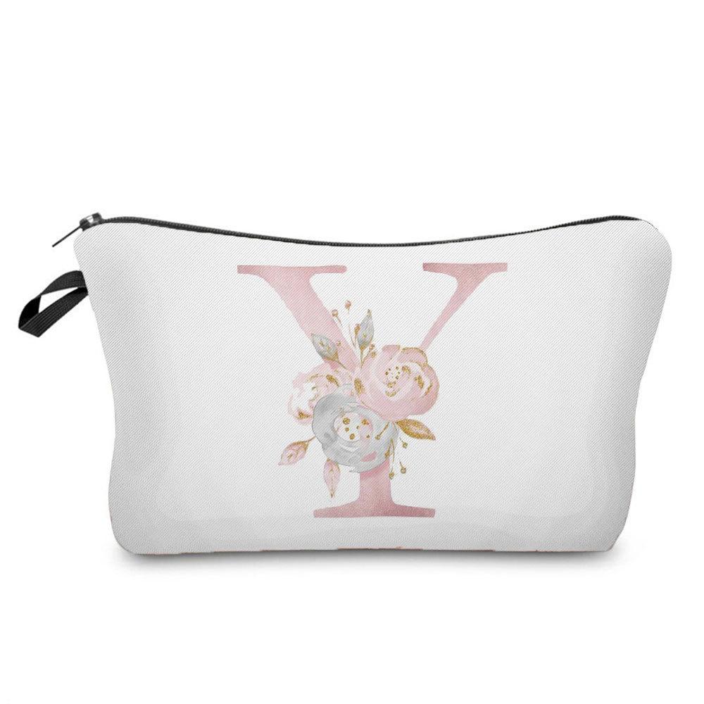 Women Flower Letters Print Cosmetic Bag Toiletries Organize Travel Storage Case 6686