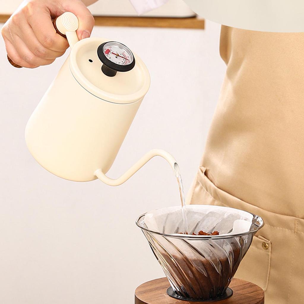 600ML Coffee Brewing Pot 304 Stainless Steel Water Pot with Temperature Meter Wood Handle   Spout