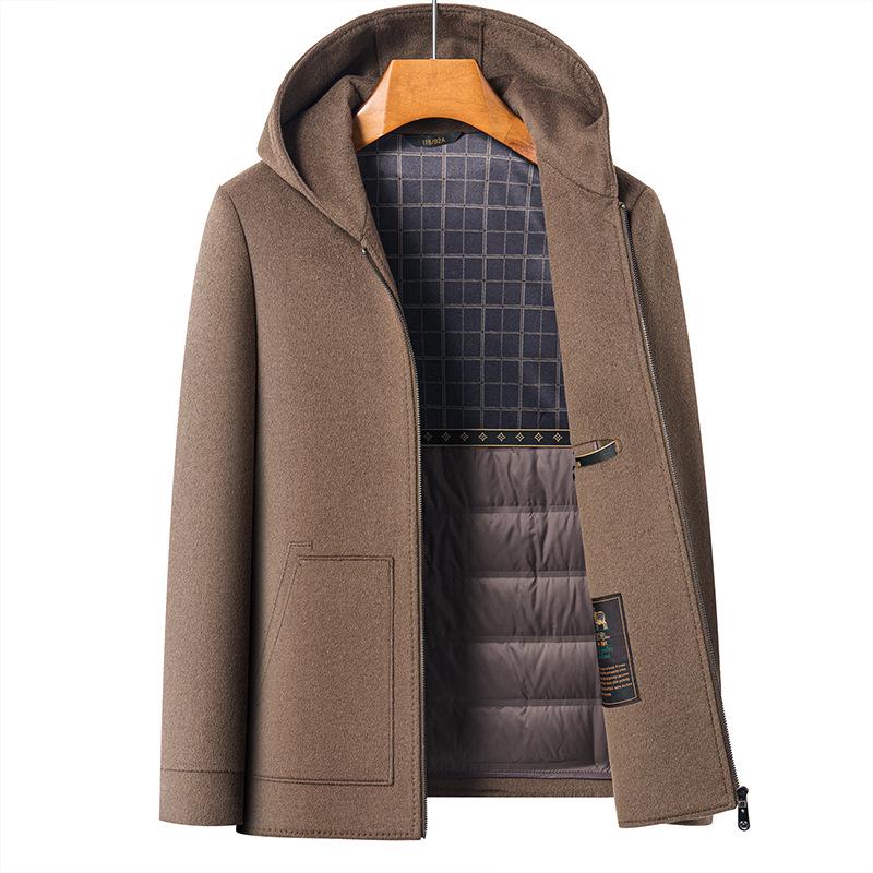 Men's Wool Overcoat with Detachable Down Liner and Hoodie - Double-Faced for Autumn and Winter Warmth