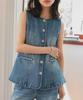 Kobe Lettuce Denim Lightweight Flared Vest Size Blue Women's Vest, Sleeveless, Outerwear, Spring/Summer Top, [C7472], M,