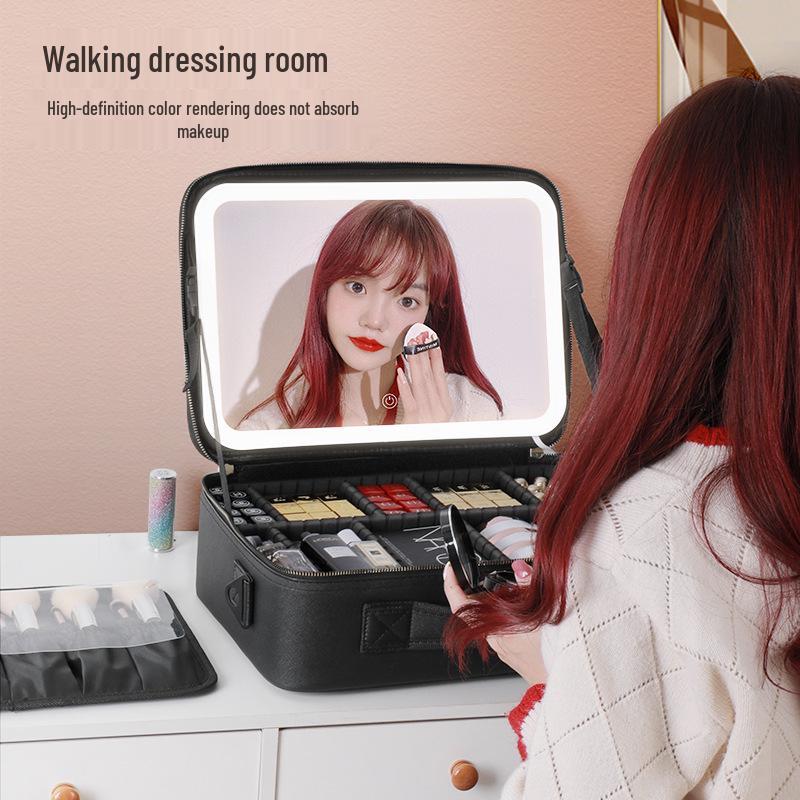 Make-up-Tasche mit großer Kapazität, Spiegel, Licht und herausnehmbaren Trennwänden - Tragbarer Reise-Kosmetikbeutel