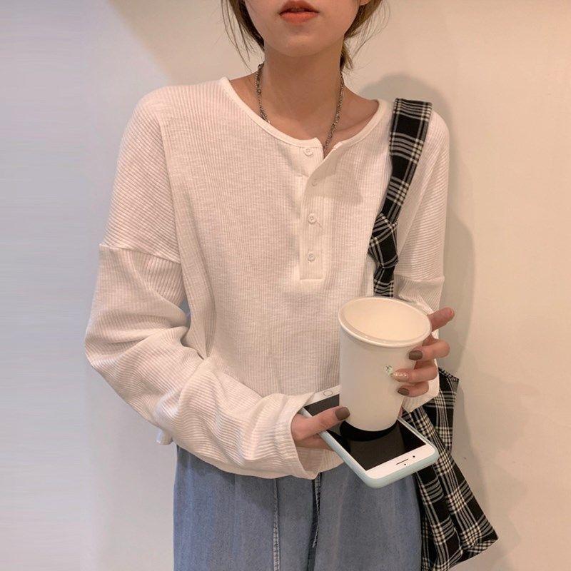 Long Sleeve T-shirts Women Elegant Simple Pure Button Design Retro Ins Autumn Ladies Tees Top All-match BF Style Mujer Clothes