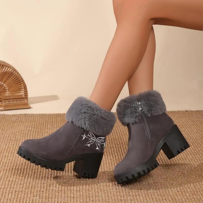 Chunky Platform High Heel Furry Ankle Boots Women 2025 Winter Non Slip Thick Bottom Suede Snow Boots Butterfly Embroidery Shoes