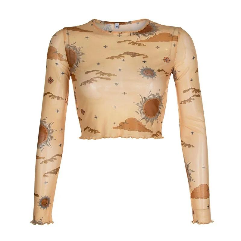 Sexy Mesh Long Sleeve T-shirt Women Perspective Crop Top Stars Moon Print Streetwear