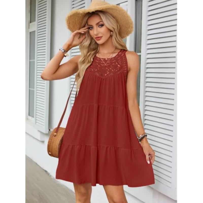 

Solid Color Lace Hollow Short Sleeved Round Neck Casual Women s Dress Fashionable Street Fresh Sweet Style Summer Dress 2XL brick червоний колір