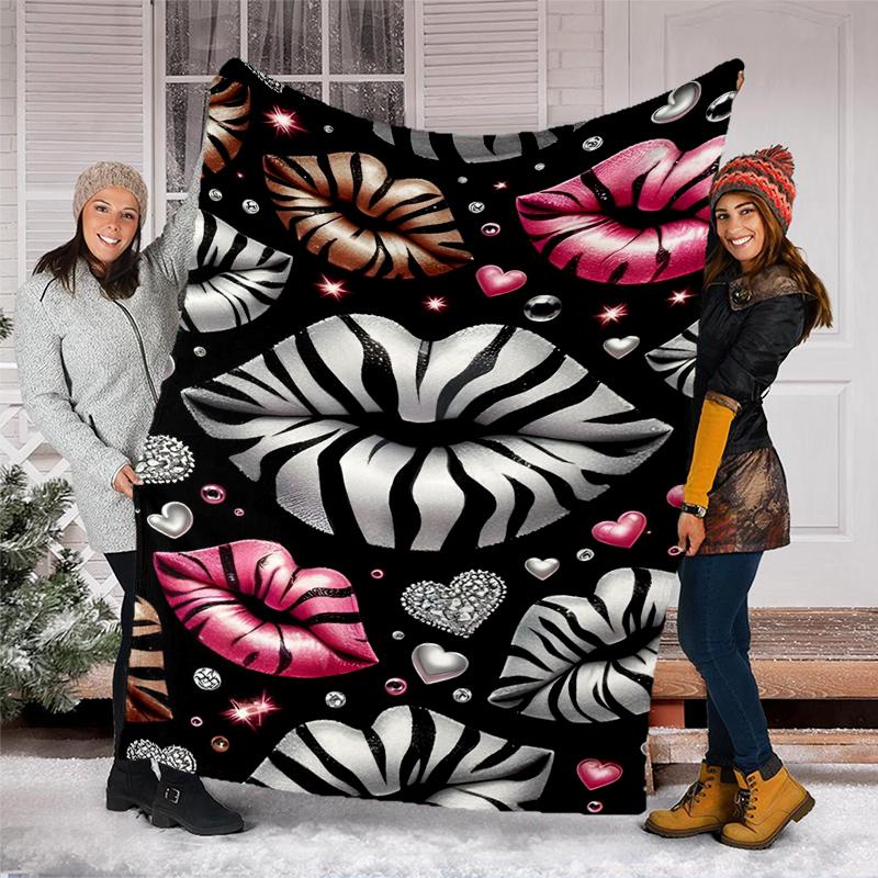 Lips Hearts blanket Personalized Name Flannel Blanket Soft Cozy Plush Throw for Sofa Bed Lightweight Home Décor