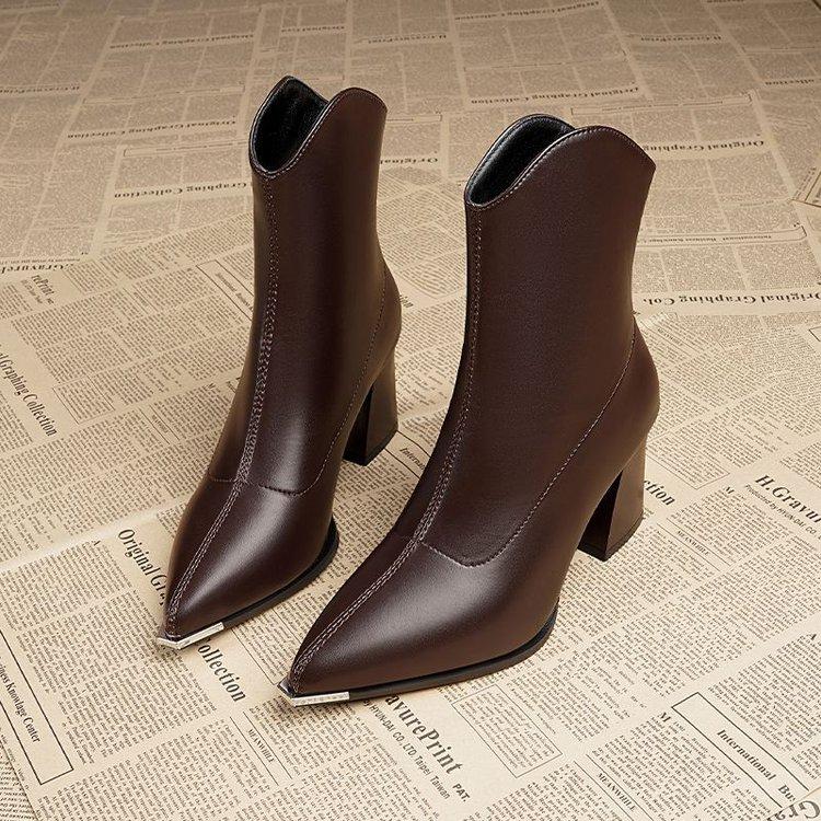 New Winter Lined Warm Ankle Boots Women Fashion Pointed Toe Chunky Heel Booties, Back Zipper Comfortable Short Boots