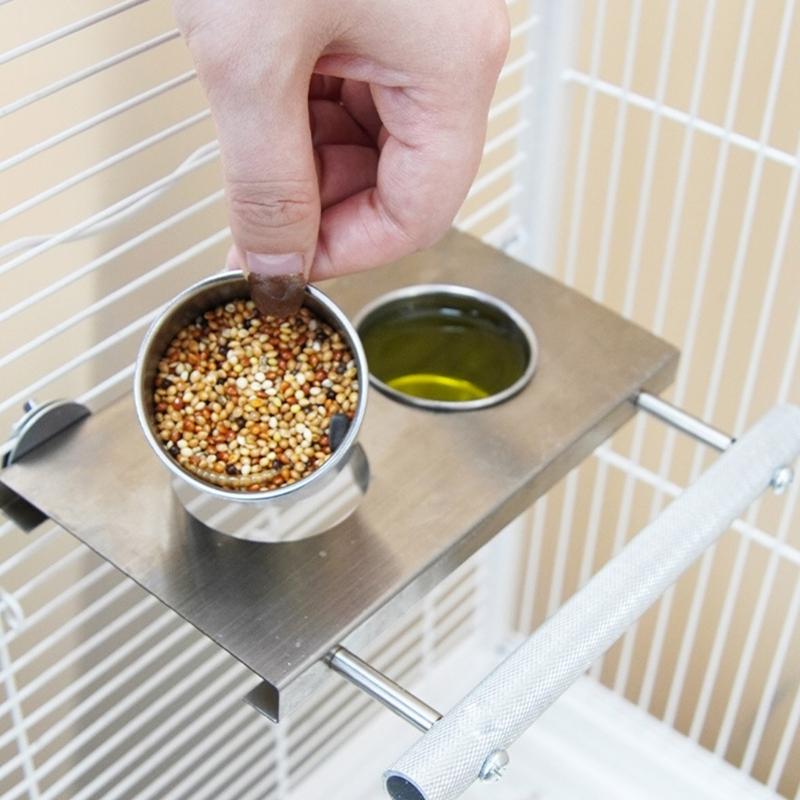Stainless Steel Parrot Feeders With Double Cup Standing Perch Platform For Cage Bird Rabbits Ferrets Watering Feeding Use