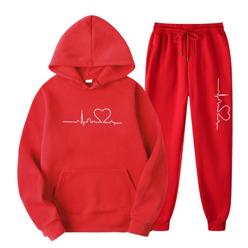 Unisex Heart Pattern Velvet Hoodie Set for Autumn/Winter