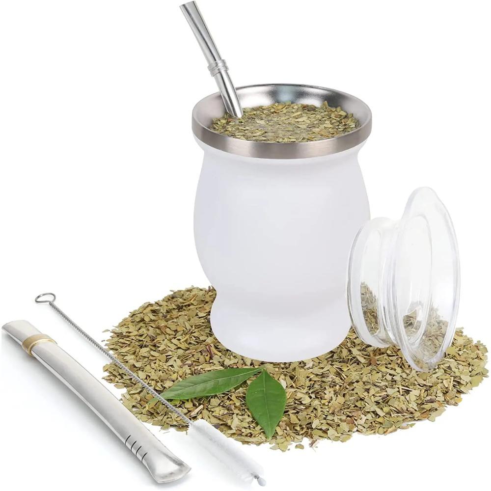 Přírodní kalabasa na Yerba Maté/Čajový šálek se sadou víček (Originální tradiční nádoba na maté - 230 ml) | Obsahuje 2 Bombilly (Brčka na Yerba Maté)