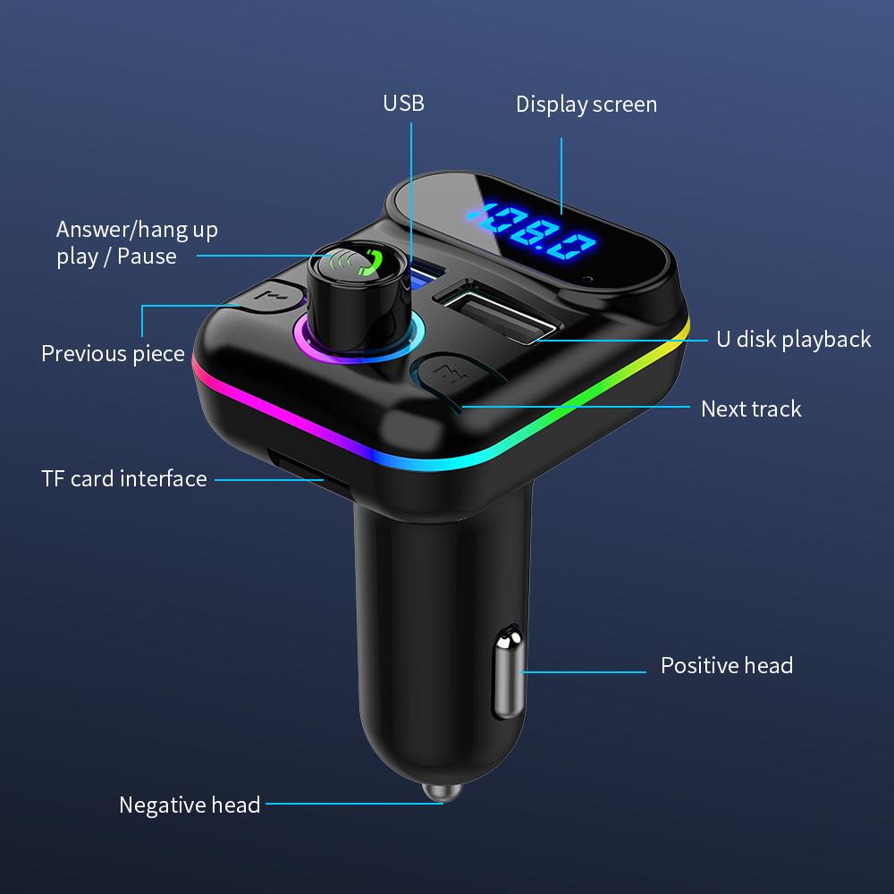 Caricabatteria per auto Dual USB da 4,2 A, trasmettitore FM per auto, modulatore, kit vivavoce Bluetooth 5.0, lettore MP3 audio per auto con supporto per luce ambientale, scheda TF U-disk