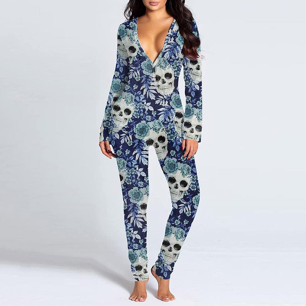 Women's Button-Down Halloween Print Functional Buttoned Flap Adults Jumpsuit