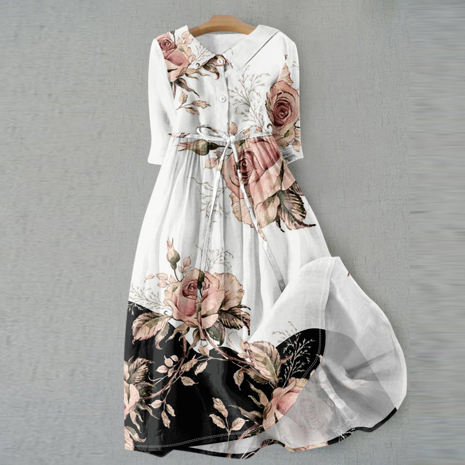 

Женское модное винтажное платье с цветочным принтом и пуговицами с лацканами и рукавами три четверти на бретельках L чёрный