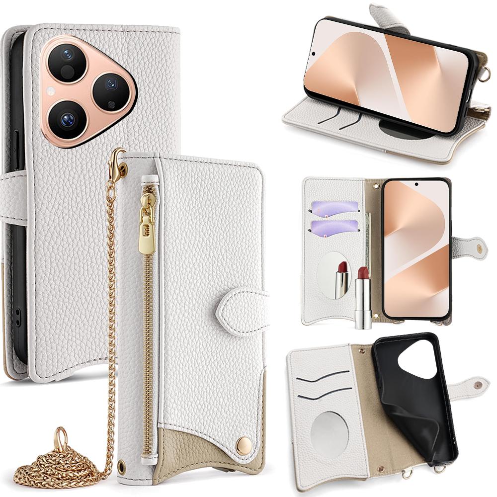 For Huawei Pura 80 Leather Case Wallet Stand Cover Irregular Tail Style with Chain Strap