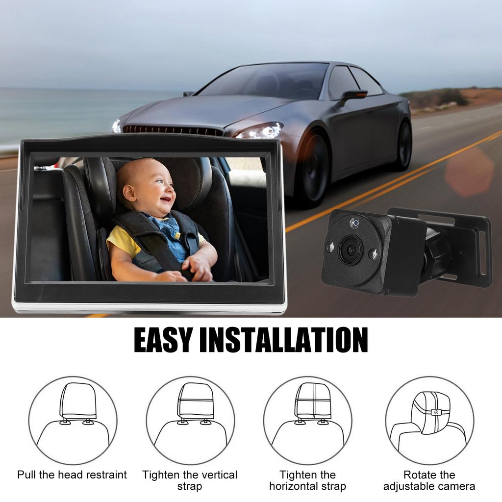 Cámara de Coche para Bebé 1080P, Monitor de Bebé de 5 pulgadas con Función de Visión Nocturna y Ángulo de Visión Amplio de 150 grados, 360 grados