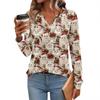 Women's Fashionable Casual V-neck Blouse Button Christmas Printed Long-sleeved Pullover T-shirt Top