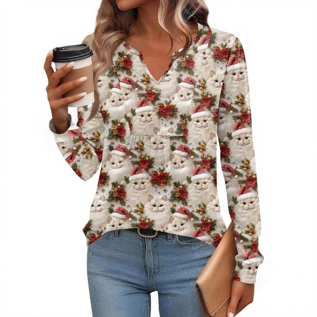 Women's Fashionable Casual V-neck Blouse Button Christmas Printed Long-sleeved Pullover T-shirt Top