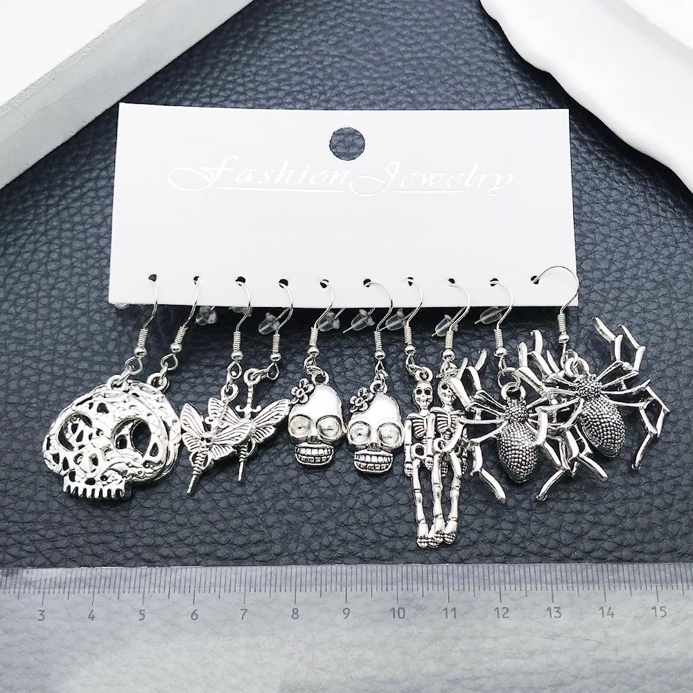 Antique Silver Skull & Spider Moth Pendant Earrings Set - 5 Pairs for Men & Women