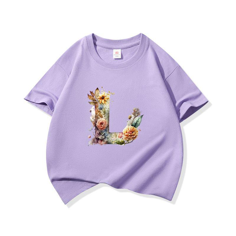 Kids Cotton T Shirt Floral Letter L Print Crew Neck Short Sleeve Tee Casual Boys Girls Summer Tops