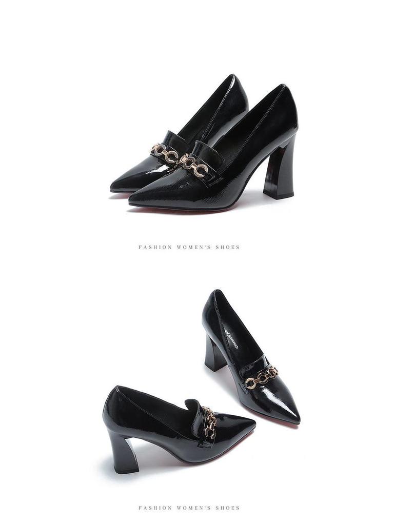 2025 Women's Spring & Autumn Fashion Pointed Toe Chunky Heel Leather Shoes - British Style High Heels