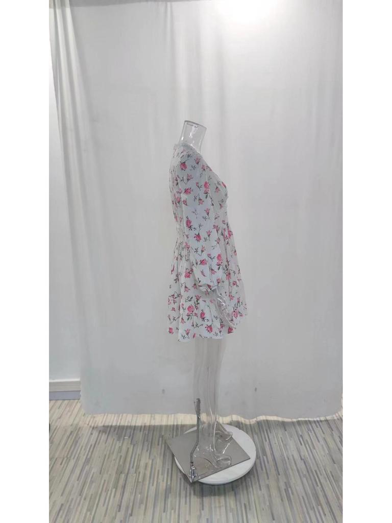 2025 Spring European & American Women's Sweet Print V-Neck Short Dress with Lace Waist