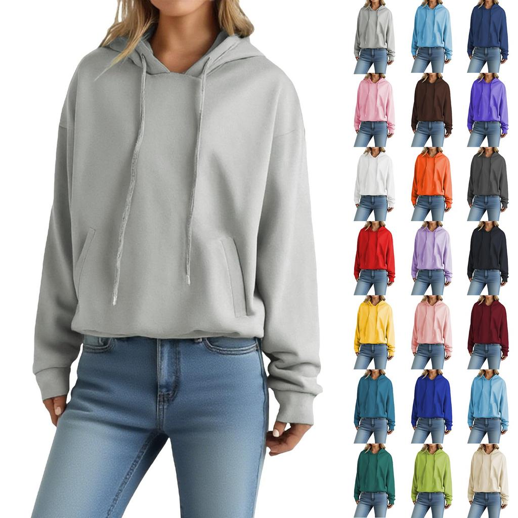 Women's Loose Long Sleeved Pullover With Drawstring And Pocket Hooded Solid Color Hoodie