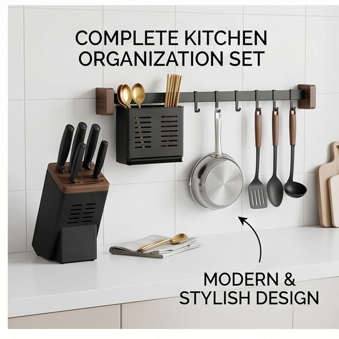 Soporte de Pared de Madera de Nogal Negro Premium Estante de Almacenamiento de Cocina sin Taladro Cuchillo Multifuncional Palillos Utensilio