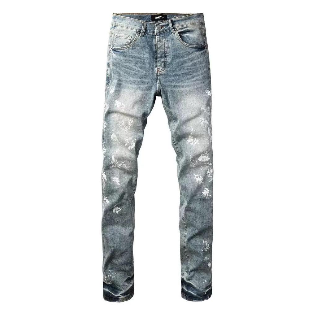 Punk Retro Blue Ripped Slim Fit Printed Men's Jeans