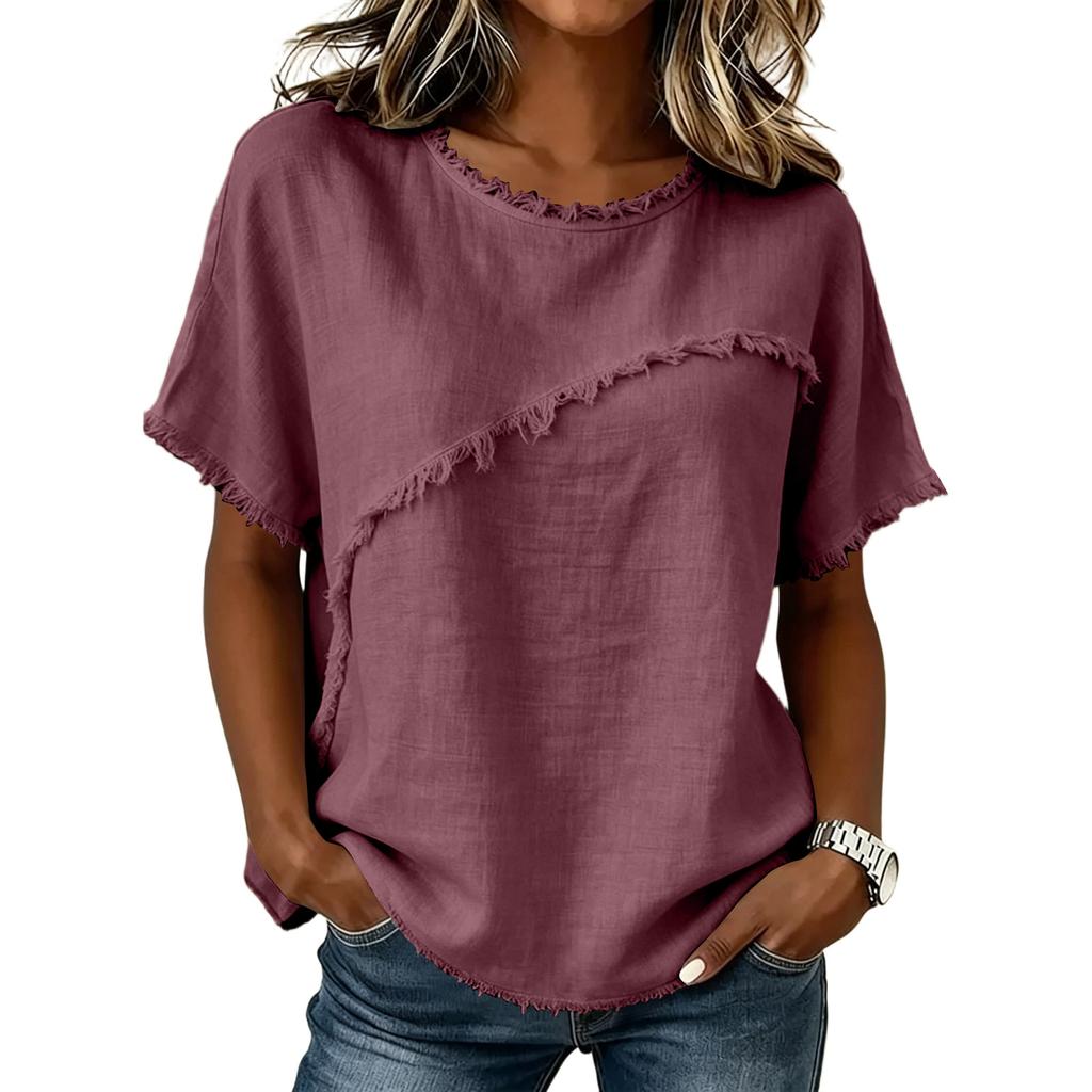 Ladies' Casual And Fashionable Round Neck Loose Linen Short Sleeved Top