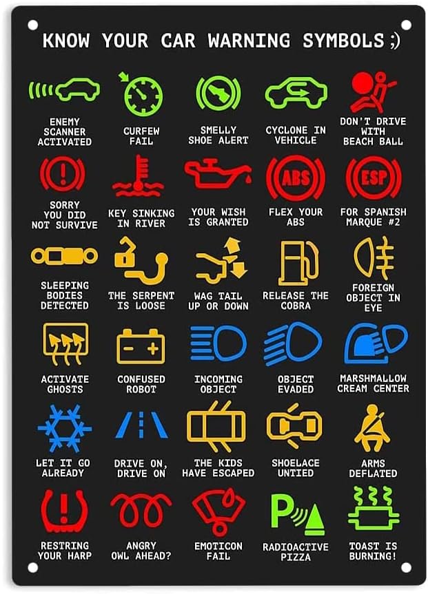 

Know Your Car Warning Lights Mechanics Funny Sarcastic Sign Metal Tin Signs Poster Home Office Restaurants Bedroom Outdoors Man 20x30cm（7.8x11.8inch）