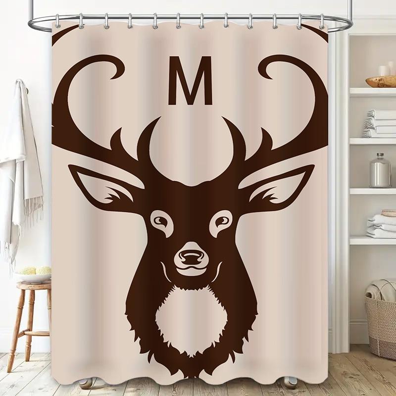 Deer Head Shower Curtain Monogram M Bath Decor Unique Brown Animal Print Shower Panels for Bathroom Waterproof Fabric (M)
