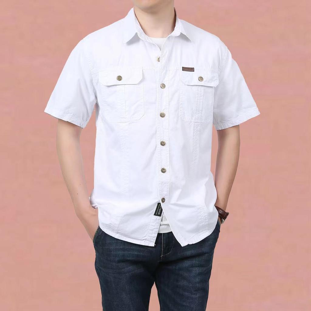 Spring Autumn Vintage Pure Cotton Solid Blouse Men Short Sleeved Blusa Fashion Tops Harajuku Casual Shirt Pocket Chic Male Clothes