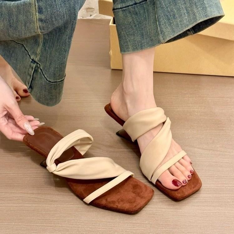 2025 New Square Head Open Toe Summer Slippers Elegant Bow Designer Opposite Heel Dress Party Slippers Zapatillas Mujer