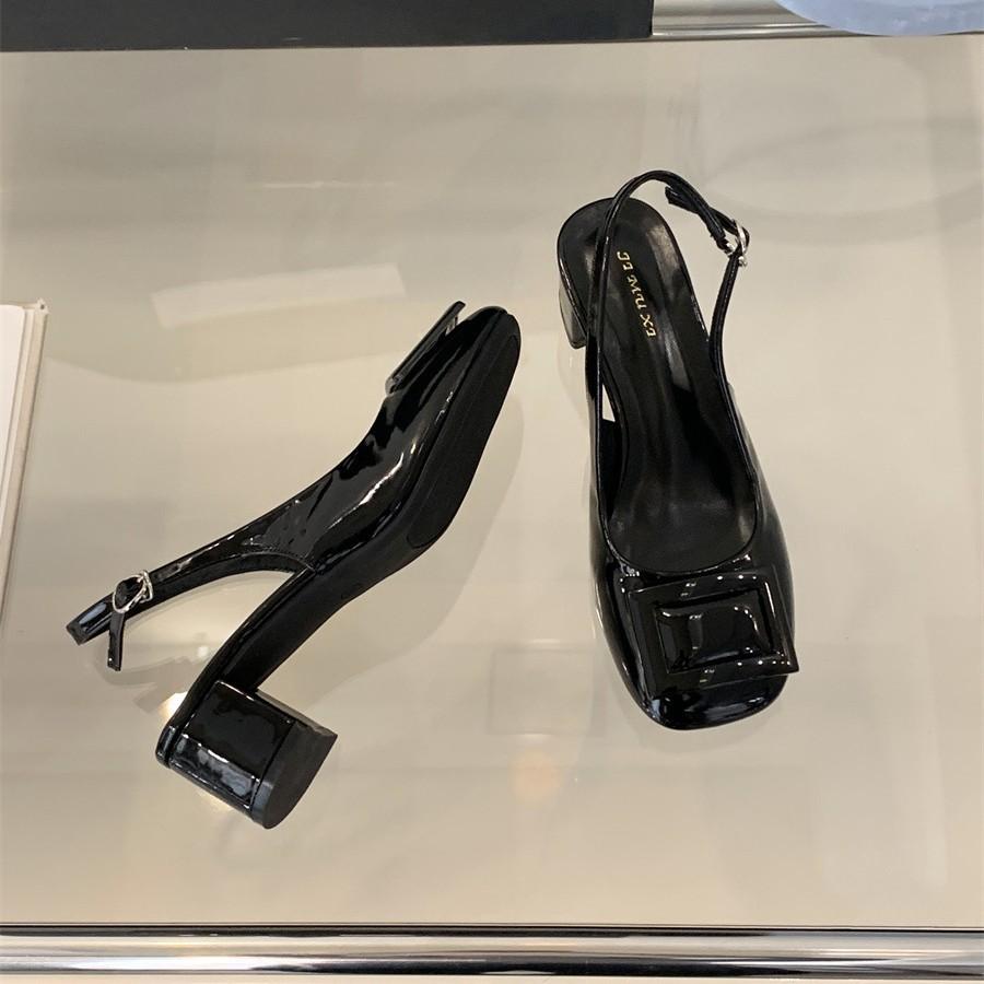 Leather Square Buckle Bag Head Sandals Women's 2025 New Summer One-word with Shallow Mouth Back Empty Stiletto Shoes