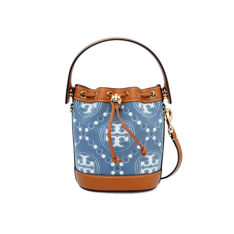 Tory Burch T Monogram Logo Drawstring Closure Washable Denim With Leather Trim Bucket Bag Mini Women Bags Multicolor 159638-960
